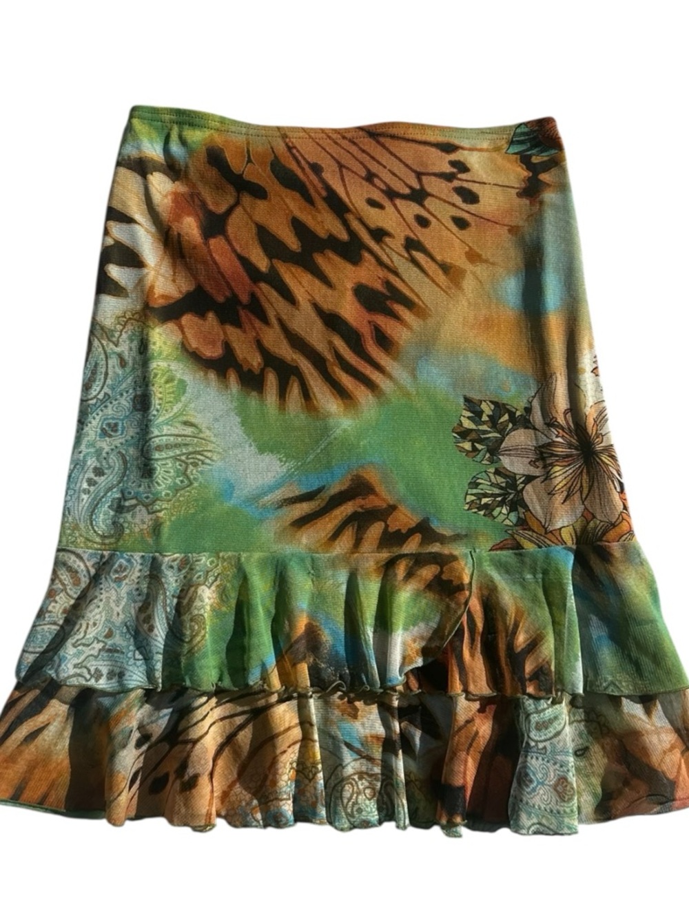 Vintage Boho Floral Ruffle Midi Skirt